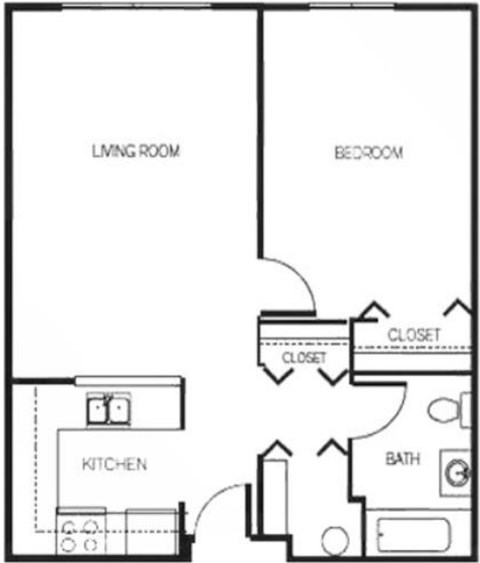 Floor plan for 1 bed, 1 bath, 577 sqft